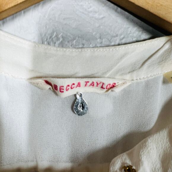 Rebecca Taylor Silk Floral Top V Neck Ivory White Embossed Snap Pleat - 4 - Picture 5 of 6